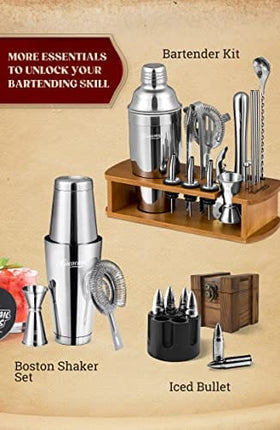 KITESSENSU Cocktail Shaker Set Bartender Kit with Stand | Bar Set Drink Mixer Set with All Essential Bar Accessory Tools: Martini Shaker, Jigger, Strainer, Mixer Spoon, Muddler, Liquor Pourers |Silver