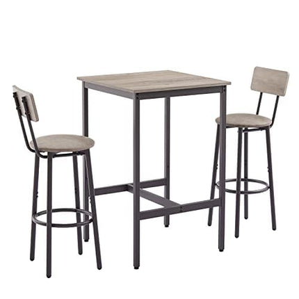 KIVENJAJA Bar Table and Chairs Set for 2, 3-Piece Small Square Pub Bistro Table and Upholstered Stools with Backrest, Counter Height Dining Table Set for Kitchen Small Space, Grey