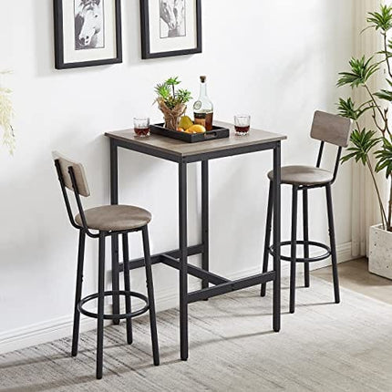 KIVENJAJA Bar Table and Chairs Set for 2, 3-Piece Small Square Pub Bistro Table and Upholstered Stools with Backrest, Counter Height Dining Table Set for Kitchen Small Space, Grey