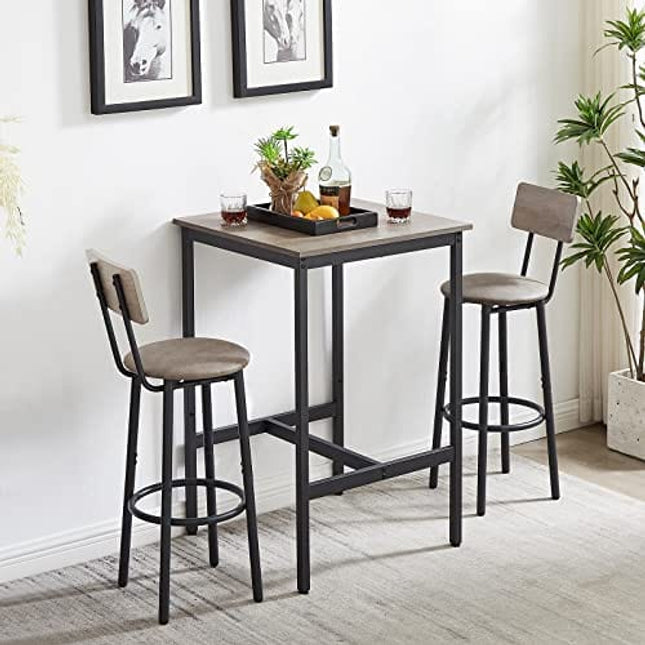 KIVENJAJA Bar Table and Chairs Set for 2, 3-Piece Small Square Pub Bistro Table and Upholstered Stools with Backrest, Counter Height Dining Table Set for Kitchen Small Space, Grey