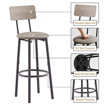 KIVENJAJA Bar Table and Chairs Set for 2, 3-Piece Small Square Pub Bistro Table and Upholstered Stools with Backrest, Counter Height Dining Table Set for Kitchen Small Space, Grey