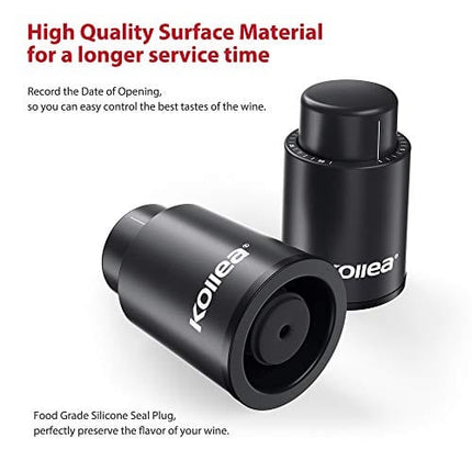 Wine Stoppers, Kollea Wine Bottle Stoppers, Vacuum Wine Stoppers, Reusable Wine Preserver with Time Scale, Wine Vacuum Pump Wine Saver Wine Corks, Best Gift for Wine Lovers (2 Pack, Black)