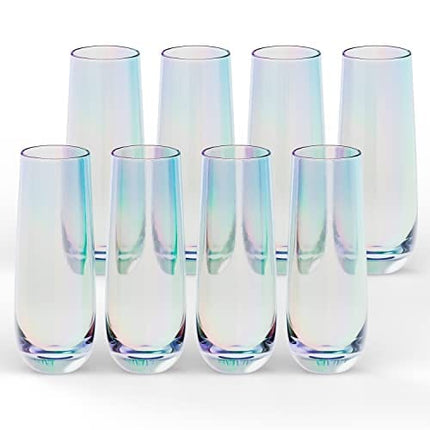KooK Stemless Iridecent Champagne Flutes, Durable Glass, Great for Mimosa, Cocktails, Toasting Weddings Glasses, 9.4 oz, Set of 8