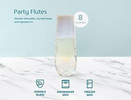 KooK Stemless Iridecent Champagne Flutes, Durable Glass, Great for Mimosa, Cocktails, Toasting Weddings Glasses, 9.4 oz, Set of 8