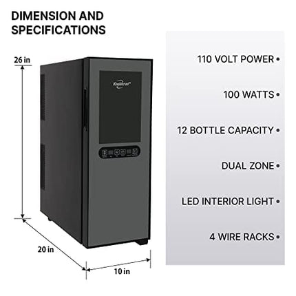 Koolatron Urban Series 12 Bottle Dual Zone Wine Cooler, Black, Thermoelectric Wine Fridge, Freestanding Wine Cellar, Red, White, Sparkling Wine Storage for Small Kitchen, Apartment, Condo, RV