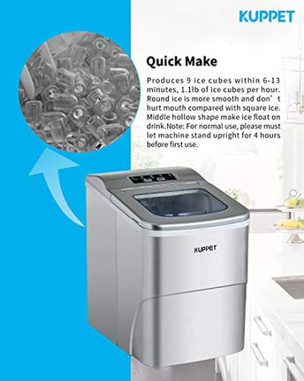 KUPPET Ice Maker Machine for Countertop, Portable Automatic Ice Maker with LCD Display, 9 Ice Cubes Ready in 6min, 26 lbs/day - for Parties/Home/Office/Bar, Ice Scoop and Basket (Silver)