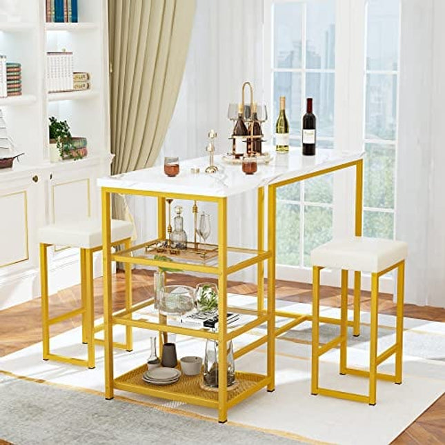 Lamerge Kitchen Table Set for 2,Kitchen Island with Seating Bar Table with Storage,Faux Mable Bar Table and Shairs Set for Small Space,Dining Room,Small Dining Table for 2,White Gold