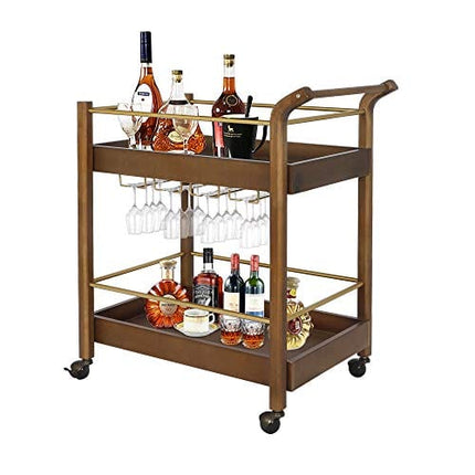 LAZZO Bar Serving Cart, Home Kitchen Wine Cart with Goblet Glass Holder, Handle Rack, Spherical Wheels Rolling, 2 Wood Metal Stroage Shelves, Rustic& Mobile Serving Trolley for Home Restaurant, Brown