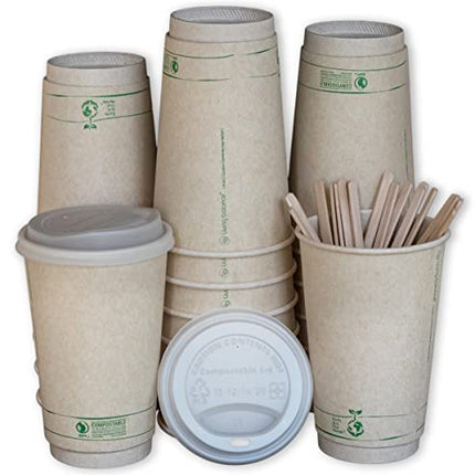 16oz Compostable Coffee Cups by Living Balance | 75 cups with cPLA Lids, Stirrers, and Integrated Sleeves
