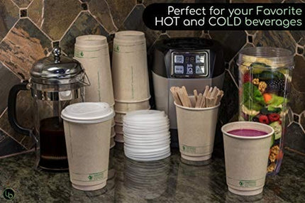 16oz Compostable Coffee Cups by Living Balance | 75 cups with cPLA Lids, Stirrers, and Integrated Sleeves
