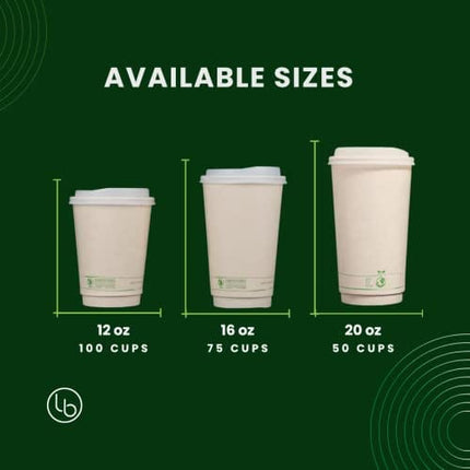 16oz Compostable Coffee Cups by Living Balance | 75 cups with cPLA Lids, Stirrers, and Integrated Sleeves