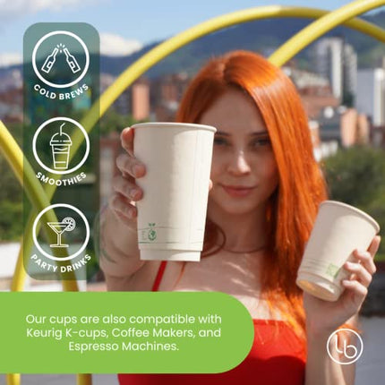 16oz Compostable Coffee Cups by Living Balance | 75 cups with cPLA Lids, Stirrers, and Integrated Sleeves