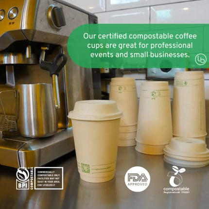 16oz Compostable Coffee Cups by Living Balance | 75 cups with cPLA Lids, Stirrers, and Integrated Sleeves