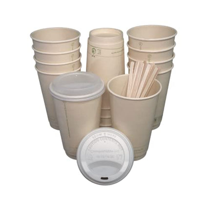 16oz Compostable Coffee Cups by Living Balance | 75 cups with cPLA Lids, Stirrers, and Integrated Sleeves