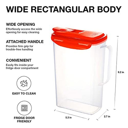 LocknLock Aqua Fridge Door Water Jug with Handle BPA Free Plastic Pitcher with Flip Top Lid Perfect for Making Teas and Juices, 2 Quarts, Red