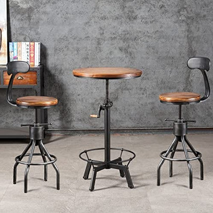 LOKKHAN 33.5-39.4 Inch Tall Industrial Bar Table-Adjustable Bar Height Bistro Whiskey Pub Table-23.7" Dia Swivel Round Wood Top Metal Base-Easily Adjusts by Crank Handle