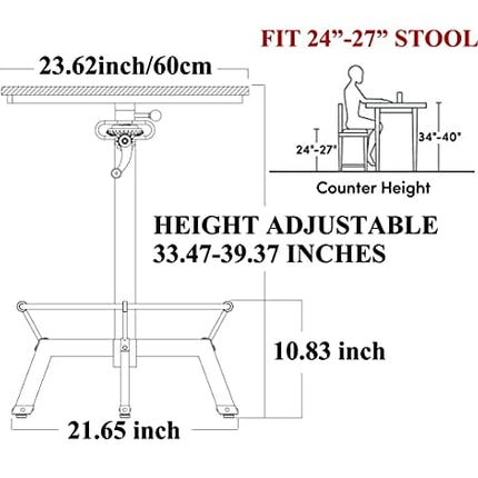 LOKKHAN 33.5-39.4 Inch Tall Industrial Bar Table-Adjustable Bar Height Bistro Whiskey Pub Table-23.7" Dia Swivel Round Wood Top Metal Base-Easily Adjusts by Crank Handle