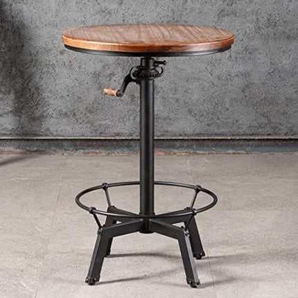 LOKKHAN 33.5-39.4 Inch Tall Industrial Bar Table-Adjustable Bar Height Bistro Whiskey Pub Table-23.7" Dia Swivel Round Wood Top Metal Base-Easily Adjusts by Crank Handle