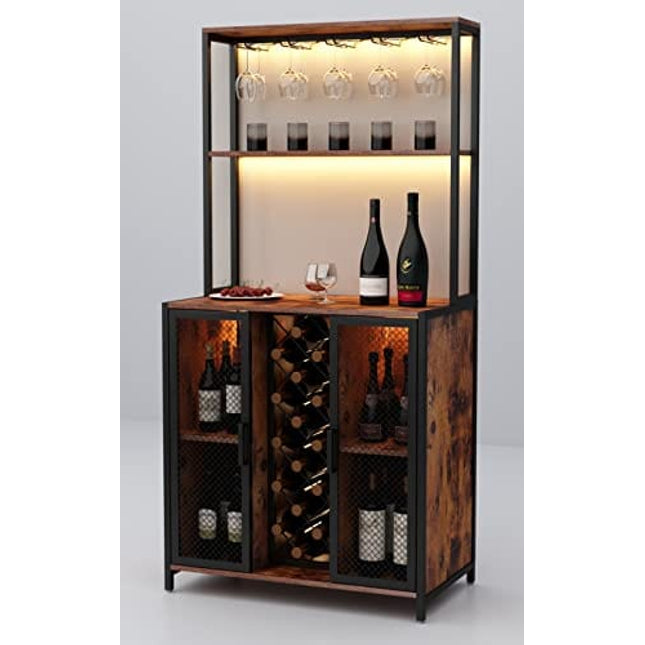 Loomie Wine Bar Cabinet with LED Lights, 5-Tier Industrial Coffee Bar, Buffet Sideboard with Adjustable Shelves, Kitchen Bar Table with Wine Rack Storage and Glass Slots for Liquor and Glasses,Rustic