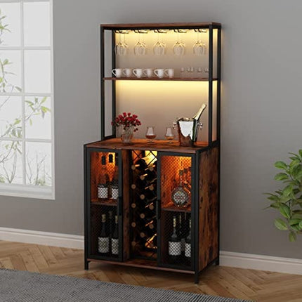 Loomie Wine Bar Cabinet with LED Lights, 5-Tier Industrial Coffee Bar, Buffet Sideboard with Adjustable Shelves, Kitchen Bar Table with Wine Rack Storage and Glass Slots for Liquor and Glasses,Rustic