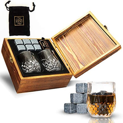 Whiskey Gifts for Fathers Day Men – 6 Whiskey Stones 2 Whiskey Shot Glasses 2.7 Ounce Wood Box and Velvet Pouch Cold Stones for Scotch, Whiskey, Bourbon, Tequila, Vodka, Rum, Wine