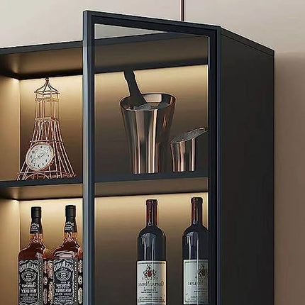LOVDECORT 5-Tier Modern Wine Bar Cabinet with LED Lights, Sideboard Buffet Cabinet with Wine Rack and Glass Holder, Corner Home Bar for Liquor and Wine Storage, Black