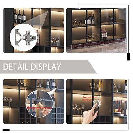LOVDECORT 5-Tier Modern Wine Bar Cabinet with LED Lights, Sideboard Buffet Cabinet with Wine Rack and Glass Holder, Corner Home Bar for Liquor and Wine Storage, Black
