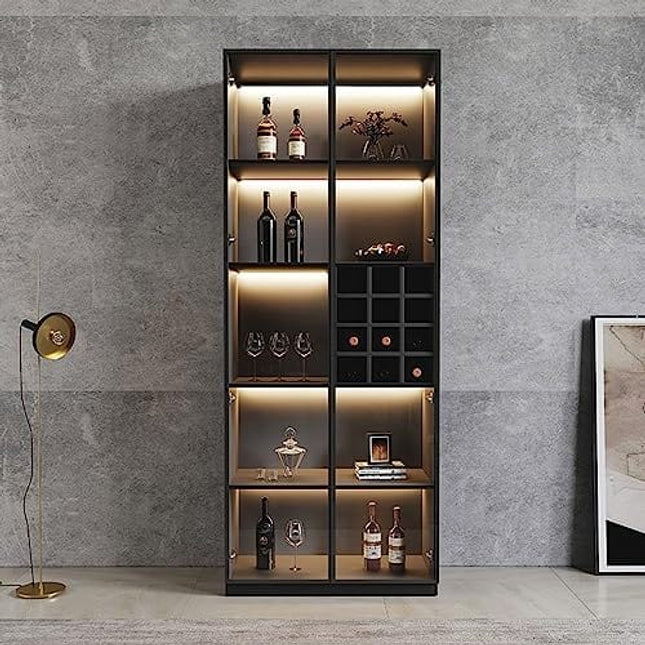 LOVDECORT 5-Tier Modern Wine Bar Cabinet with LED Lights, Sideboard Buffet Cabinet with Wine Rack and Glass Holder, Corner Home Bar for Liquor and Wine Storage, Black