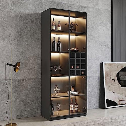 LOVDECORT 5-Tier Modern Wine Bar Cabinet with LED Lights, Sideboard Buffet Cabinet with Wine Rack and Glass Holder, Corner Home Bar for Liquor and Wine Storage, Black