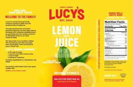 Lucy’s Family Owned - Lemon Juice, 32 oz. Bottle (Pack of 2)