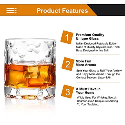 LURRIER Whiskey Glass set of 4,Old Fashioned Whiskey Glasses,10 oz Crystal Whiskey Glass for Scotch,Bourbon,4 Patterns Spinning Whiskey Glass Set,Whiskey Glasses gift with 4 Ice Molds Gift for Men