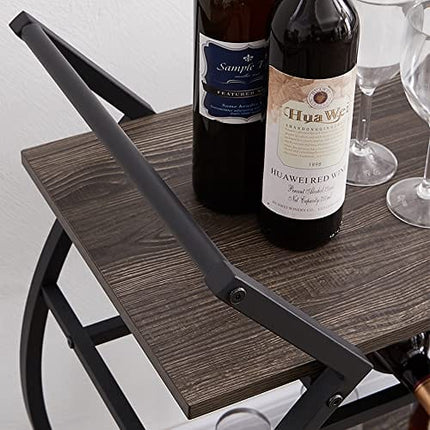 LVB Bar Cart with Wine Rack, 2 Tier Kitchen Coffee Cart on Wheels, Industrial Wood and Metal Portable Liquor Wine Cart for Home, Rustic Modern Mobile Rolling Serving Cart with Shelves, Dark Gray Oak