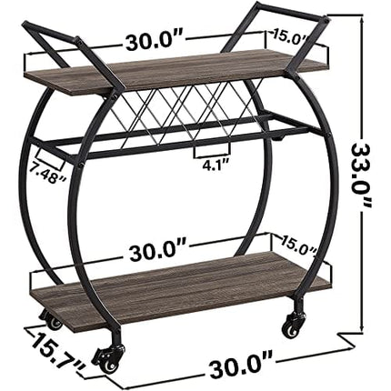 LVB Bar Cart with Wine Rack, 2 Tier Kitchen Coffee Cart on Wheels, Industrial Wood and Metal Portable Liquor Wine Cart for Home, Rustic Modern Mobile Rolling Serving Cart with Shelves, Dark Gray Oak