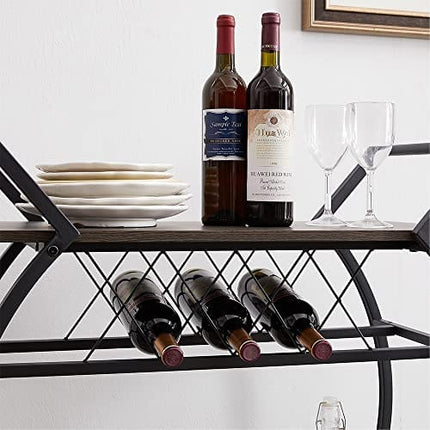 LVB Bar Cart with Wine Rack, 2 Tier Kitchen Coffee Cart on Wheels, Industrial Wood and Metal Portable Liquor Wine Cart for Home, Rustic Modern Mobile Rolling Serving Cart with Shelves, Dark Gray Oak