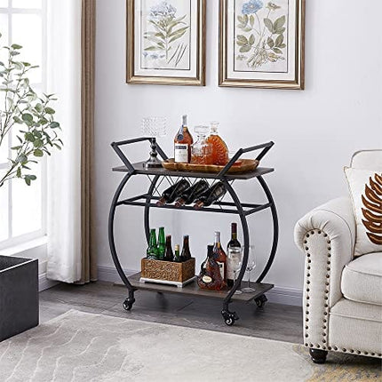 LVB Bar Cart with Wine Rack, 2 Tier Kitchen Coffee Cart on Wheels, Industrial Wood and Metal Portable Liquor Wine Cart for Home, Rustic Modern Mobile Rolling Serving Cart with Shelves, Dark Gray Oak