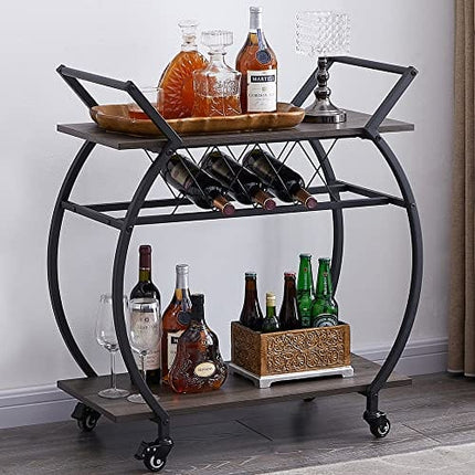 LVB Bar Cart with Wine Rack, 2 Tier Kitchen Coffee Cart on Wheels, Industrial Wood and Metal Portable Liquor Wine Cart for Home, Rustic Modern Mobile Rolling Serving Cart with Shelves, Dark Gray Oak
