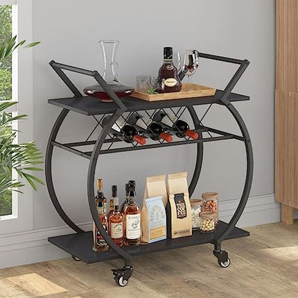 LVB Black Wine Cart with Wheels, Modern Bar Cart with Wine Rack, Industrial Beverage Rolling Kitchen Serving Cart with Storage, Metal Wooden Microwave Drink Liquor Cart for Home Dining Room, Black Oak