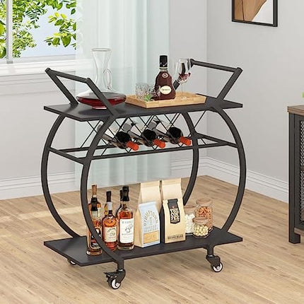 LVB Black Wine Cart with Wheels, Modern Bar Cart with Wine Rack, Industrial Beverage Rolling Kitchen Serving Cart with Storage, Metal Wooden Microwave Drink Liquor Cart for Home Dining Room, Black Oak