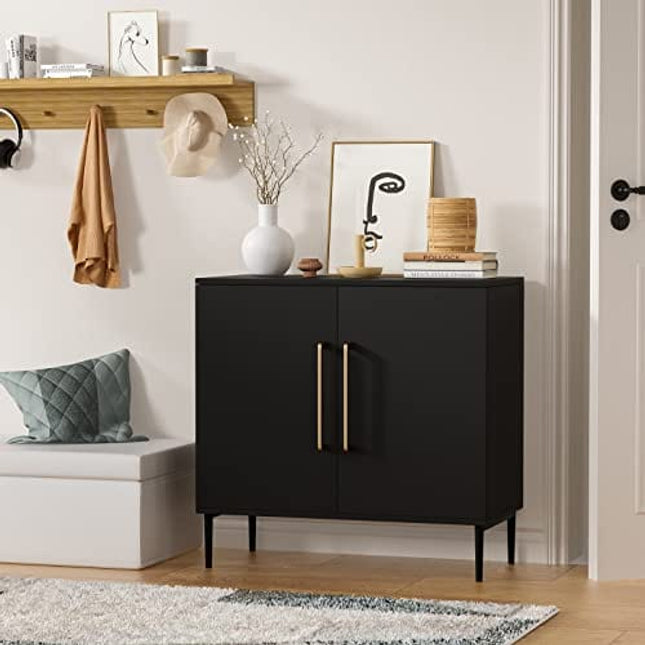 LYNSOM Storage Cabinet with Doors and Shelves, Free Standing Office Cabinet, Modern Wood Buffet Sideboard for Kitchen, Living Room, Bedroom, Hallway, Black