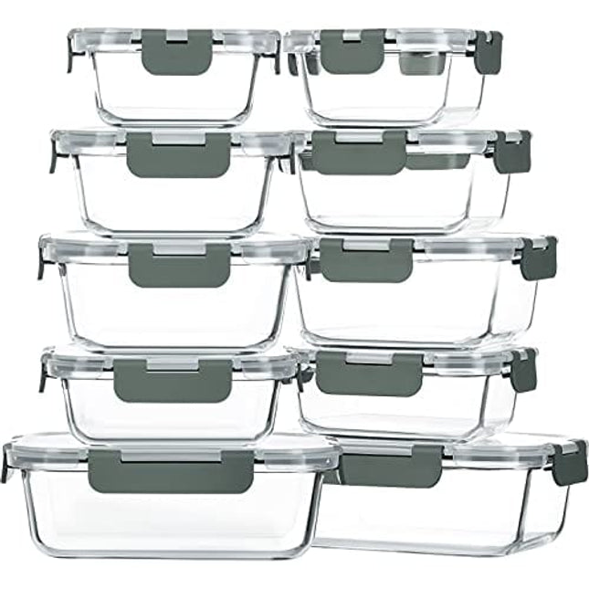 M MCIRCO 20 Pieces Glass Food Storage Container with Lids, Airtight Glass Lunch Bento Boxes, Leak Proof Glass Meal Prep Container,Microwave, Oven, Freezer and Dishwasher Friendly