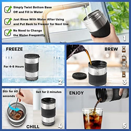 Mollbok Patented Instant Beverage Cooler, Anti-Crack Coffee Chiller with Lid, Cools Drinks in Minutes without Dilution, Reuses Conveniently for Wine, Juice, Cocktail, 14 oz (Stainless Steel Silver)