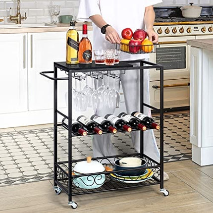 melos Bar Cart, 3 Tier Mobile Bar Serving Cart, Rolling Wine Cart with Glass Stemware Rack and Wine Bottle Holders, Industrial Style Kitchen Serving Cart for, Kitchen, Living Room, Dining Room(Black)