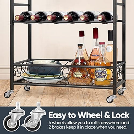 melos Bar Cart, 3 Tier Mobile Bar Serving Cart, Rolling Wine Cart with Glass Stemware Rack and Wine Bottle Holders, Industrial Style Kitchen Serving Cart for, Kitchen, Living Room, Dining Room(Black)