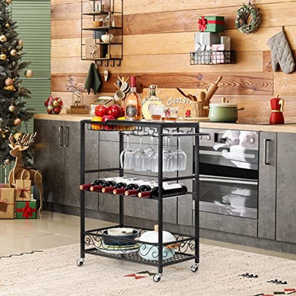 melos Bar Cart, 3 Tier Mobile Bar Serving Cart, Rolling Wine Cart with Glass Stemware Rack and Wine Bottle Holders, Industrial Style Kitchen Serving Cart for, Kitchen, Living Room, Dining Room(Black)