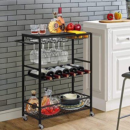 melos Bar Cart, 3 Tier Mobile Bar Serving Cart, Rolling Wine Cart with Glass Stemware Rack and Wine Bottle Holders, Industrial Style Kitchen Serving Cart for, Kitchen, Living Room, Dining Room(Black)