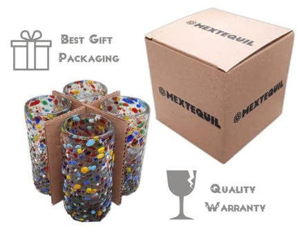 MEXTEQUIL - Authentic Mexican Tequila Shot Glasses - Tequila Set of shot glasses - 4 pcs - 2 Oz - Mexican Hand Blown Shot Glass (Confetti)