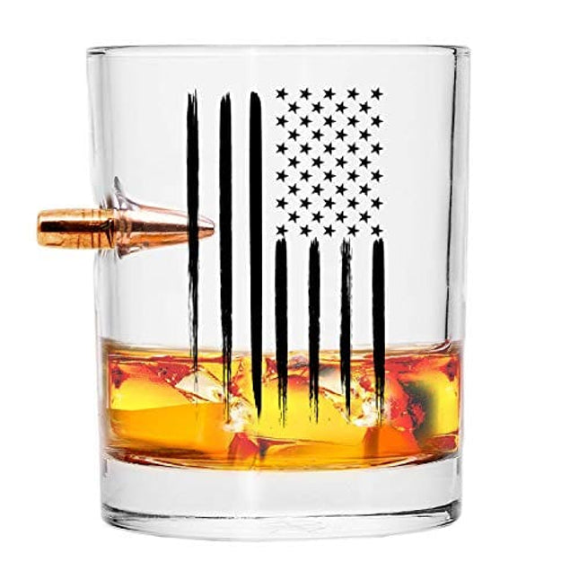 Military Gift Shop Real Projectile American Flag Whiskey Rocks Glass – Hand Blown Glasses – 8 Oz Old Fashioned Glass for Scotch, Bourbon or Whiskey – .308 Bullet Whiskey Glass