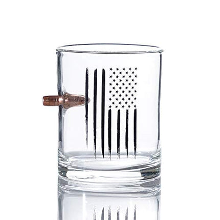 Military Gift Shop Real Projectile American Flag Whiskey Rocks Glass – Hand Blown Glasses – 8 Oz Old Fashioned Glass for Scotch, Bourbon or Whiskey – .308 Bullet Whiskey Glass