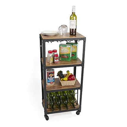 Mind Reader Mobile Kitchen Cart with Wine Rack and Stemware Storage, Black