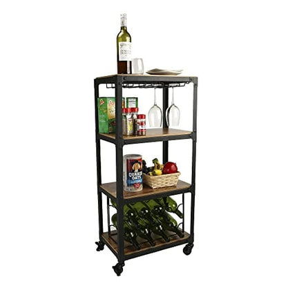 Mind Reader Mobile Kitchen Cart with Wine Rack and Stemware Storage, Black